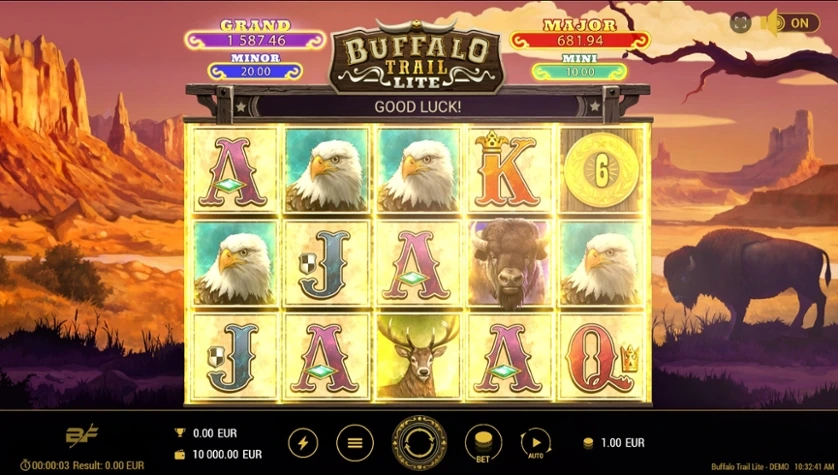 Снимок игрового автомата Buffalo Trail с изображением стада буйволов и антуражем в духе дикого запада