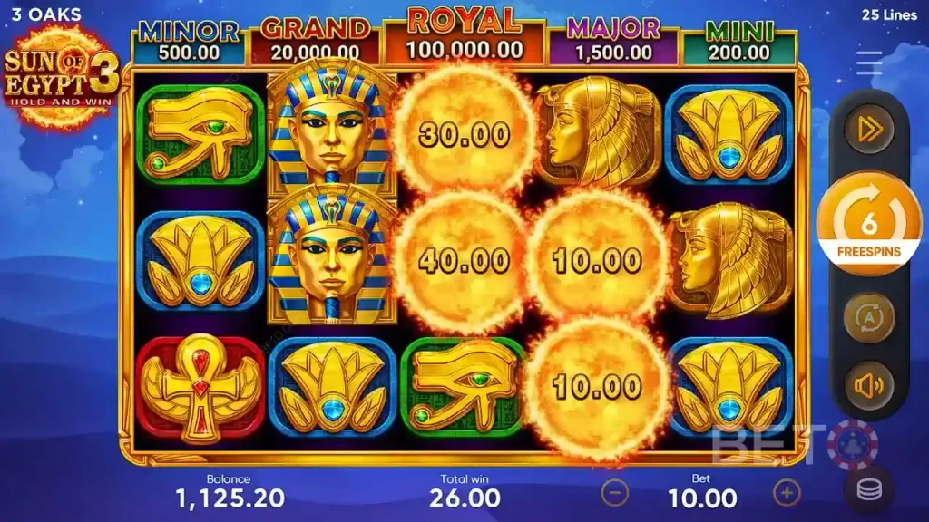 Funzione Hold & Win attivata nella slot Sun of Egypt 3 con jackpot